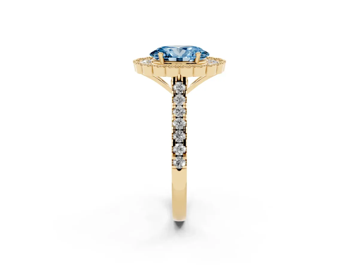 Fancy Blue Oval Cut Cut Diamond Milgrain Floral Halo Engagement Ring with Pavé Band Yellow gold