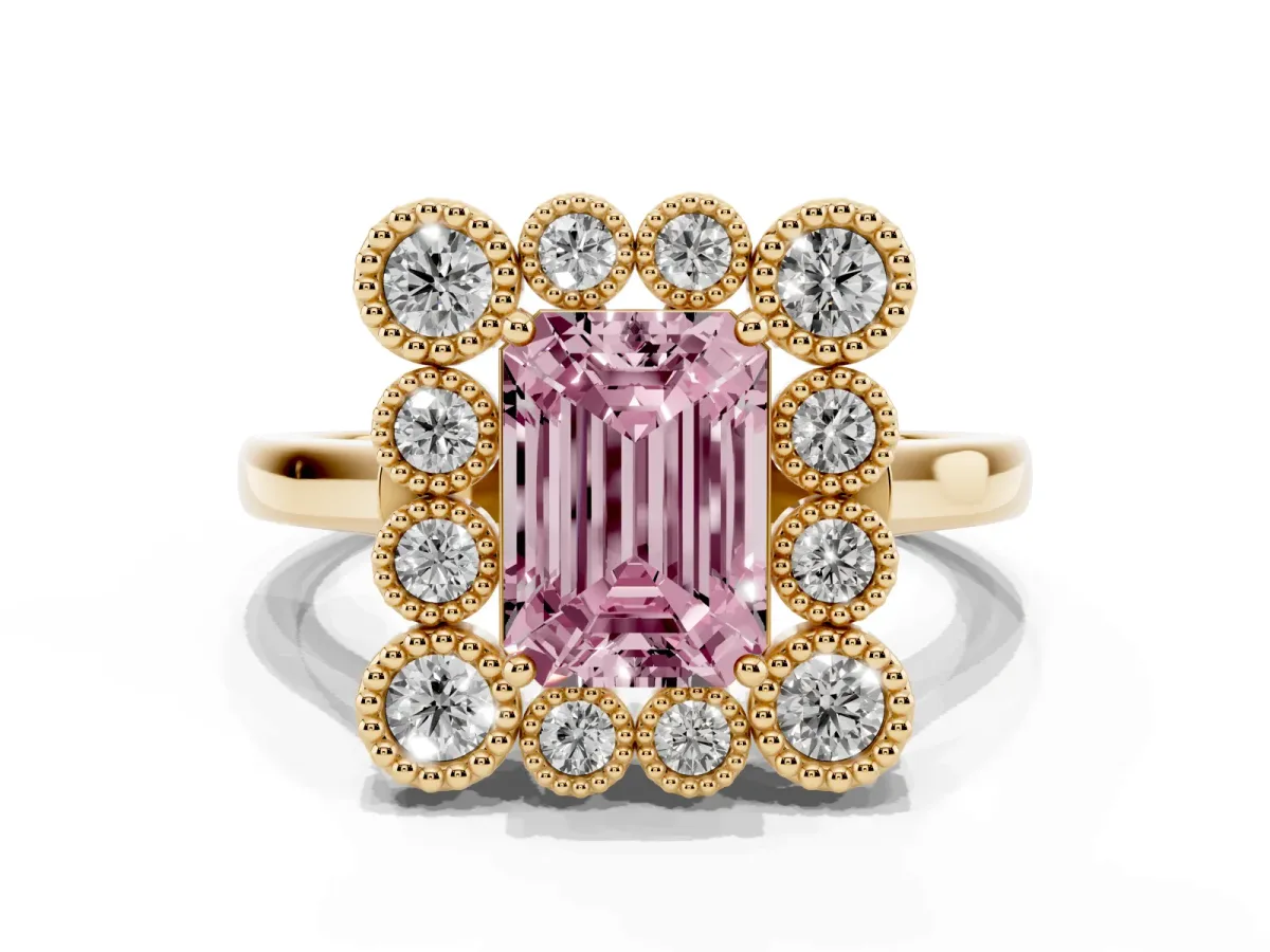 Fancy Pink Emerald Cut Halo Diamond Cluster Engagement Ring with Milgrain Bezel Setting and Solitaire Band Yellow gold