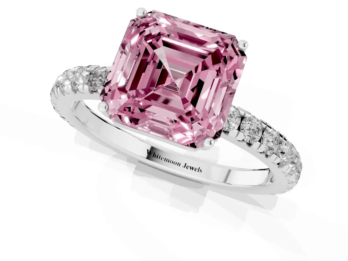 Fancy Pink Asscher Cut Diamond Pavé Solitaire Engagement Ring with Four-Prong Setting Silver