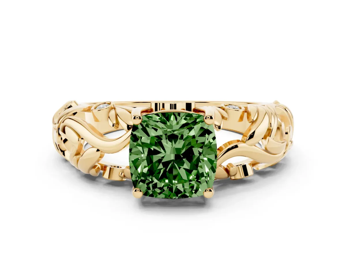 Fancy Green Cushion Cut Solitaire Diamond Leaf-Inspired Vine Band Ring with Prong Setting Yellow gold