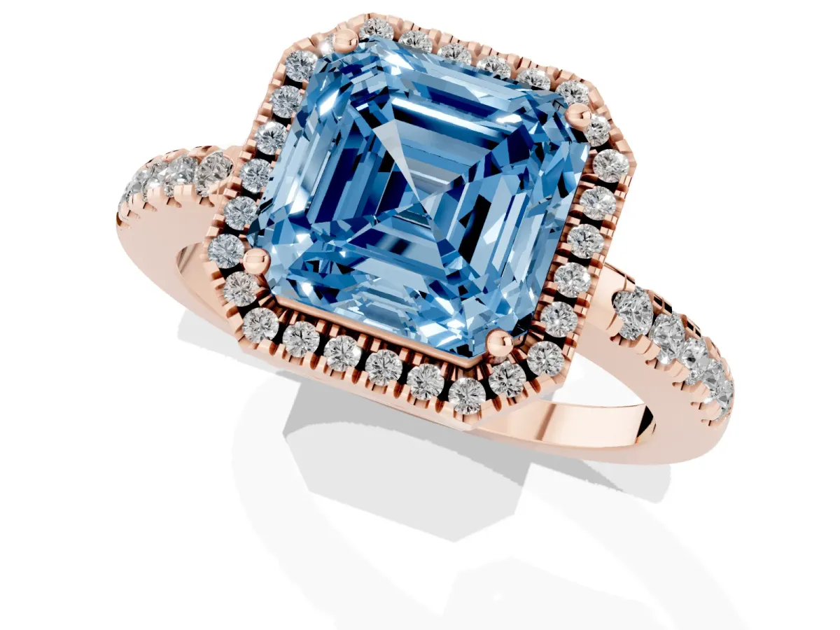 Fancy Blue Asscher Cut Halo Diamond Engagement Ring with Pavé Band and Four-Prong Setting Rose gold