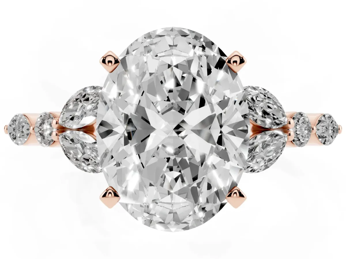 Oval Cut Diamond Solitaire Ring with Side Stones and Four-Prong Setting Rose gold