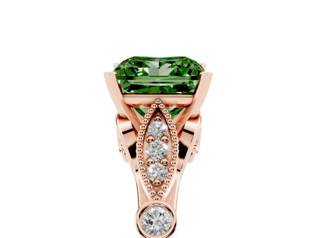 Fancy Green Princess Cut Cut Diamond with Milgrain Marquise and Bezel Accents on a Solitaire Band with Prong Setting Rose gold