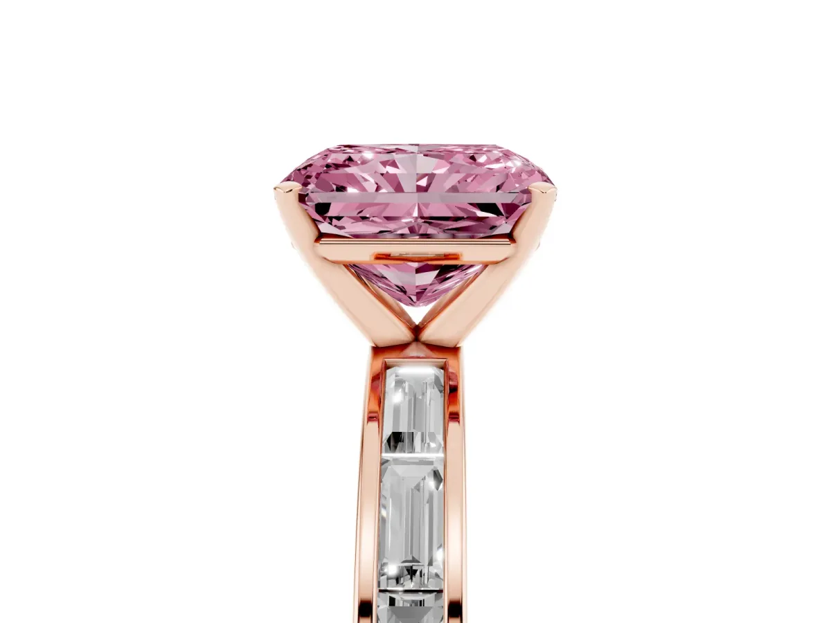 Fancy Pink Radiant Cut Solitaire Diamond Ring with Channel-Set Baguette Band and Four-Prong Setting Rose gold