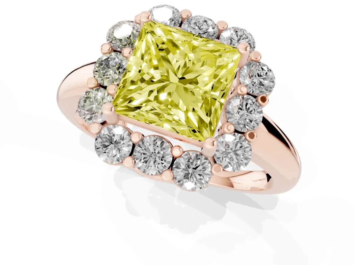 Fancy Yellow Princess Cut Halo Milgrain Solitaire with Bezel Set Side Stones and Pave Band Rose gold