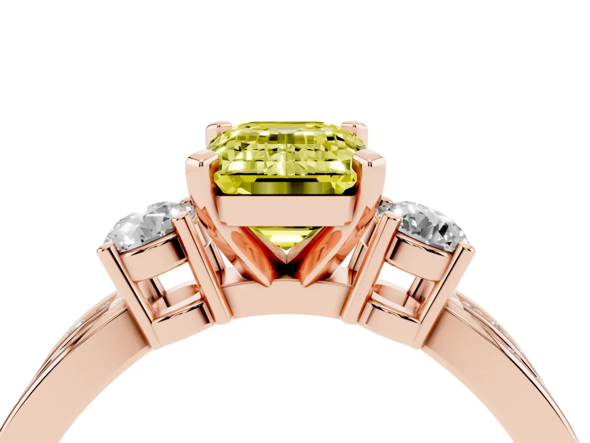 Fancy Yellow Three-Stone Emerald Cut Cut Diamond Twist Band with Prong Setting Rose gold