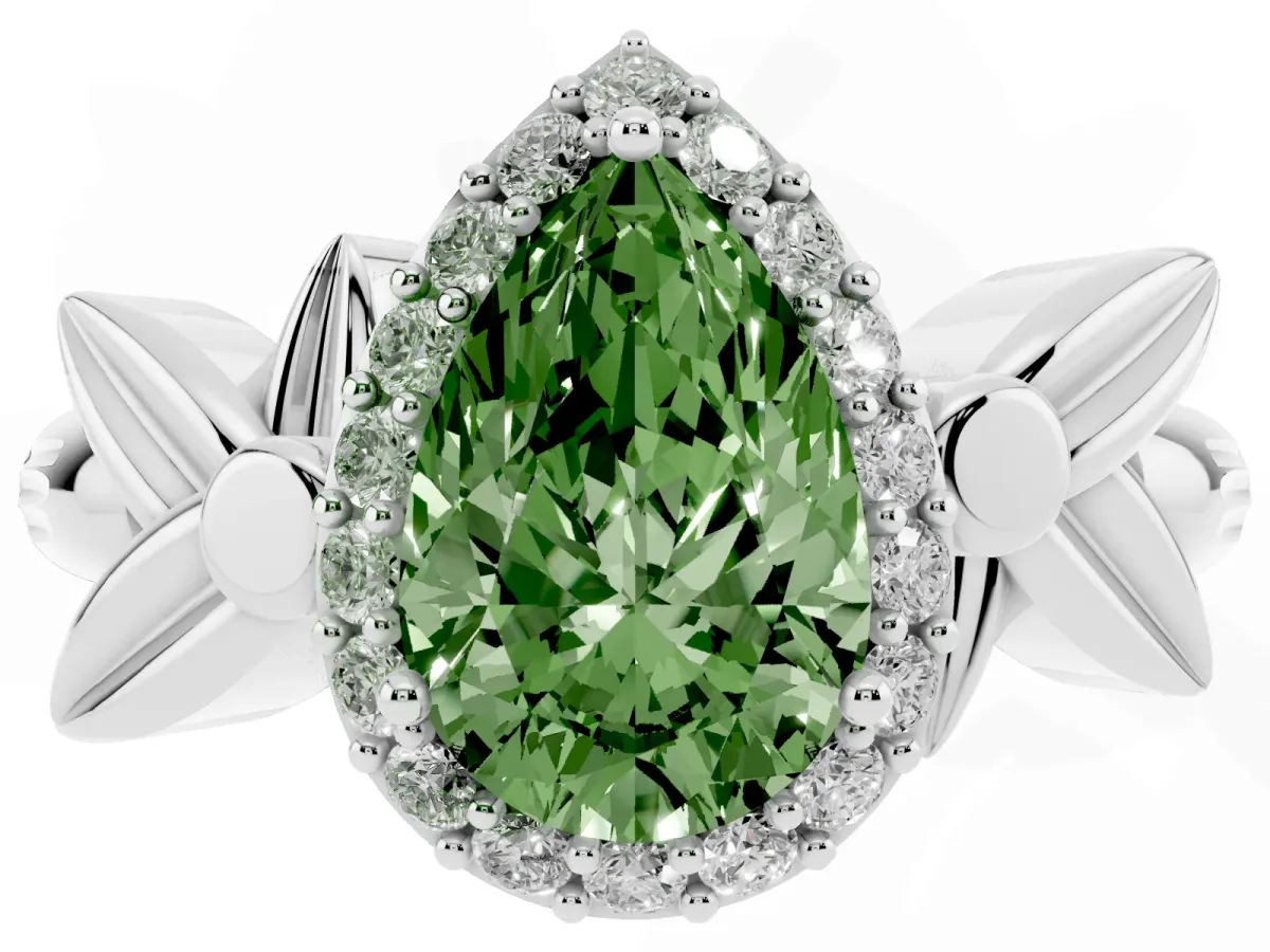 Fancy Green Pear Cut Halo Diamond Floral Band with Four-Prong Setting White gold