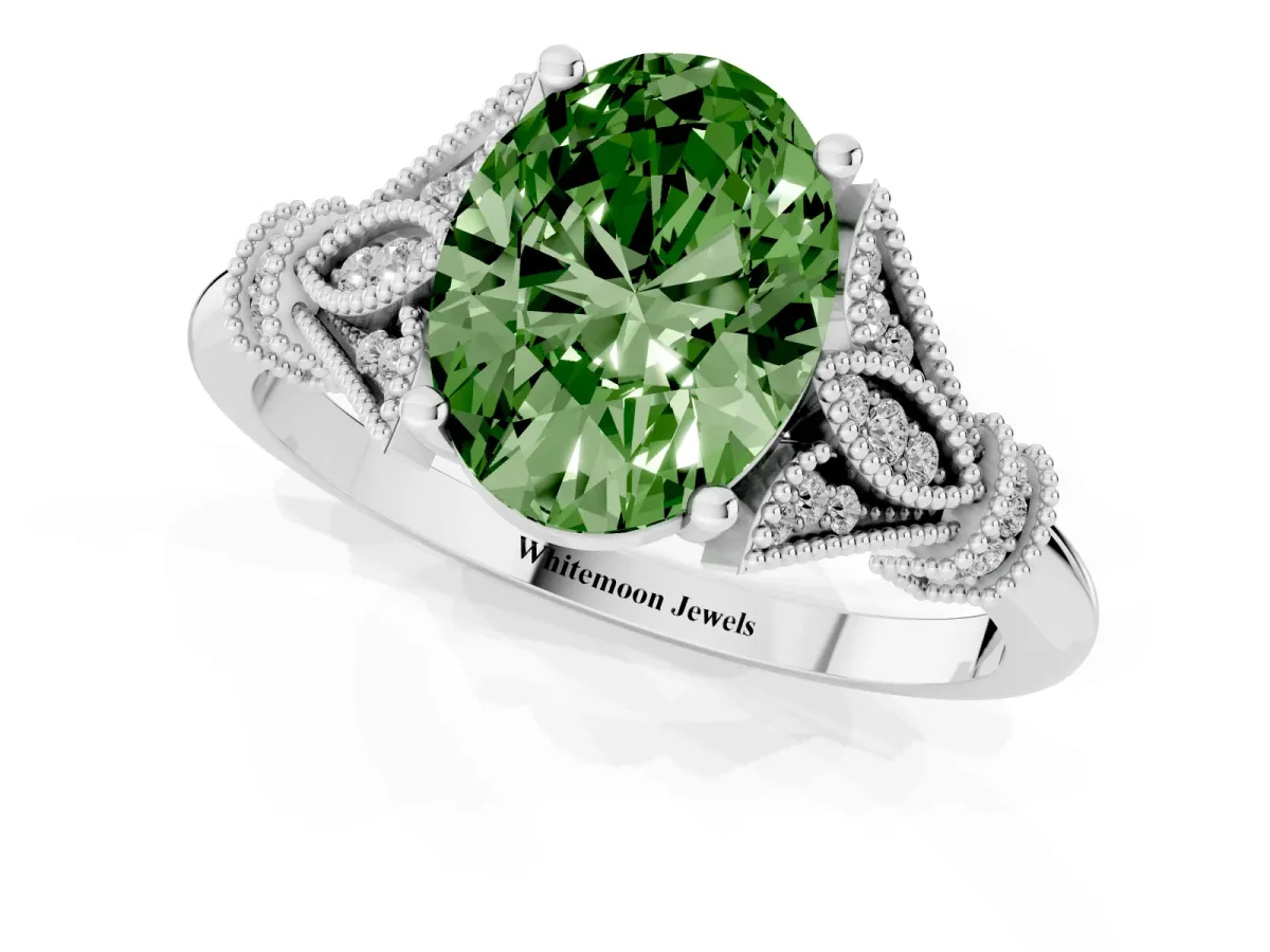 Fancy Green Oval Cut Diamond Solitaire Ring with Floral Filigree and Pave Accents Silver