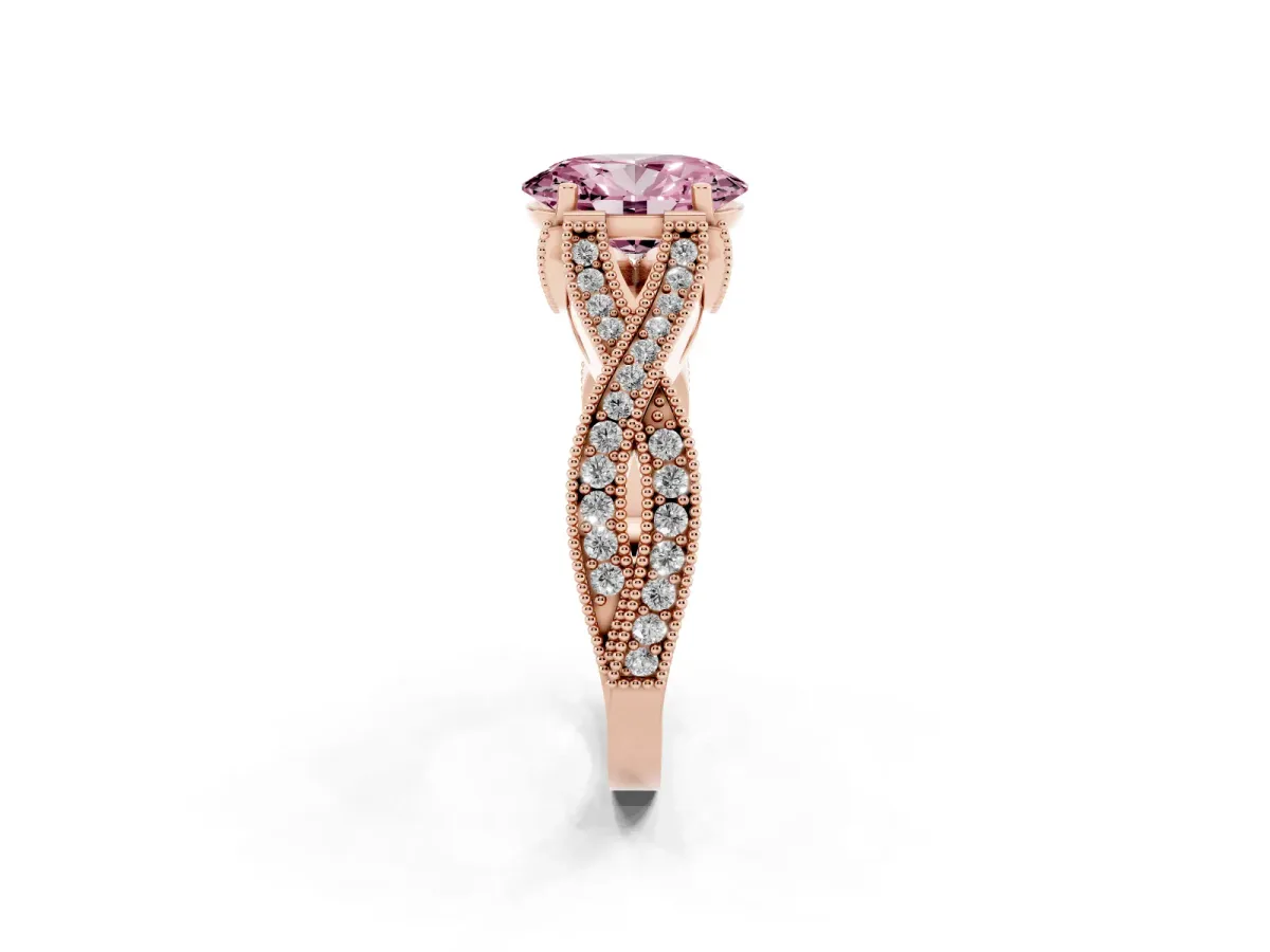 Fancy Pink Oval Cut Cut Diamond Twisted Band with Milgrain Pave Setting and Four-Prong Setting Rose gold