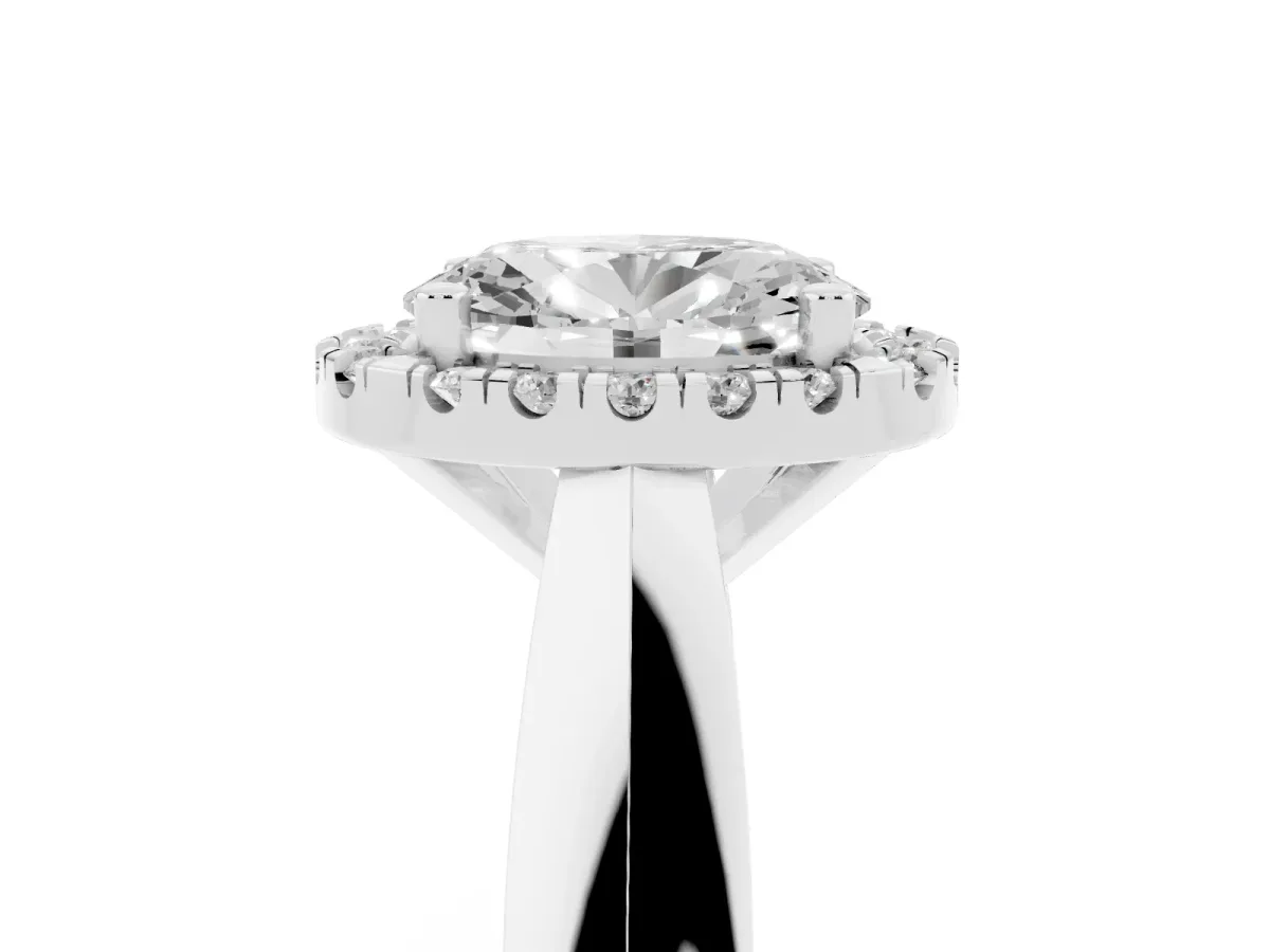 Oval Cut Cut Halo Solitaire Engagement Ring with Square Band and Four-Prong Setting White gold