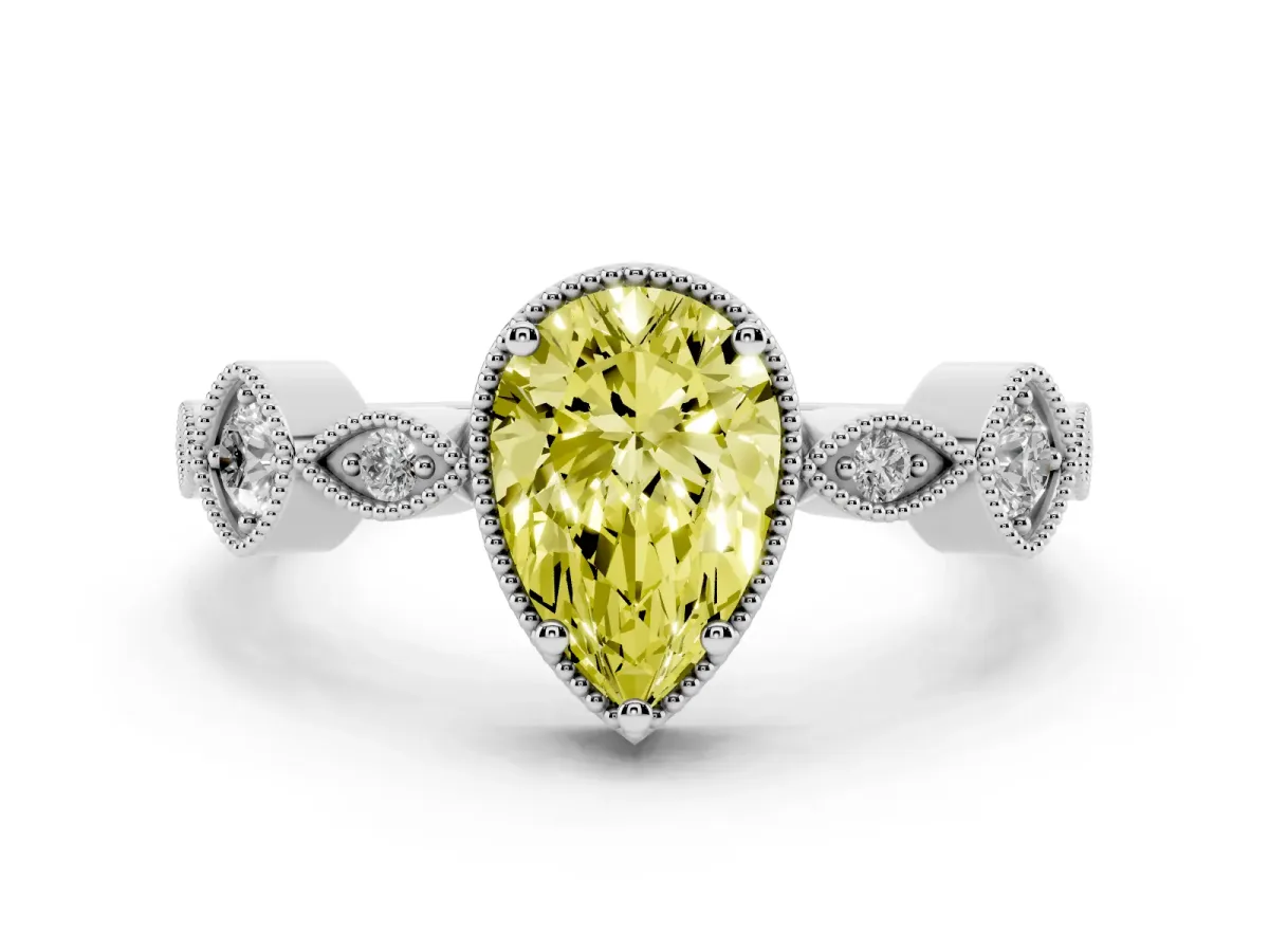Fancy Yellow Pear Cut Diamond Vintage Milgrain Ring with Round Stations Silver