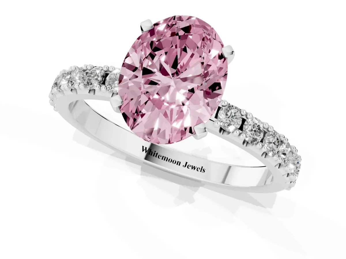 Fancy Pink Oval Cut Diamond Solitaire Pavé Band with Four-Prong Setting Platinum