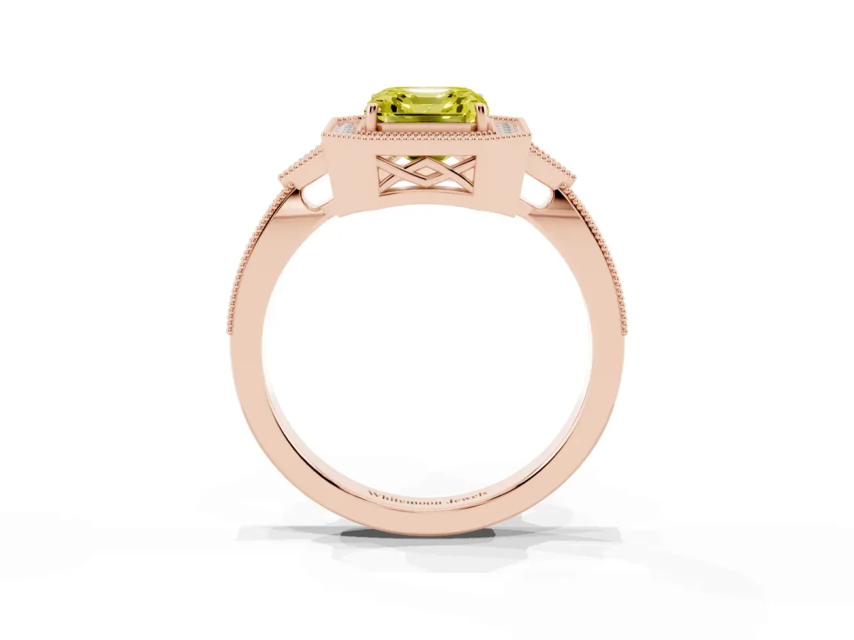 Fancy Yellow Asscher Cut Halo Round Diamond Milgrain Pave Engagement Ring Rose gold