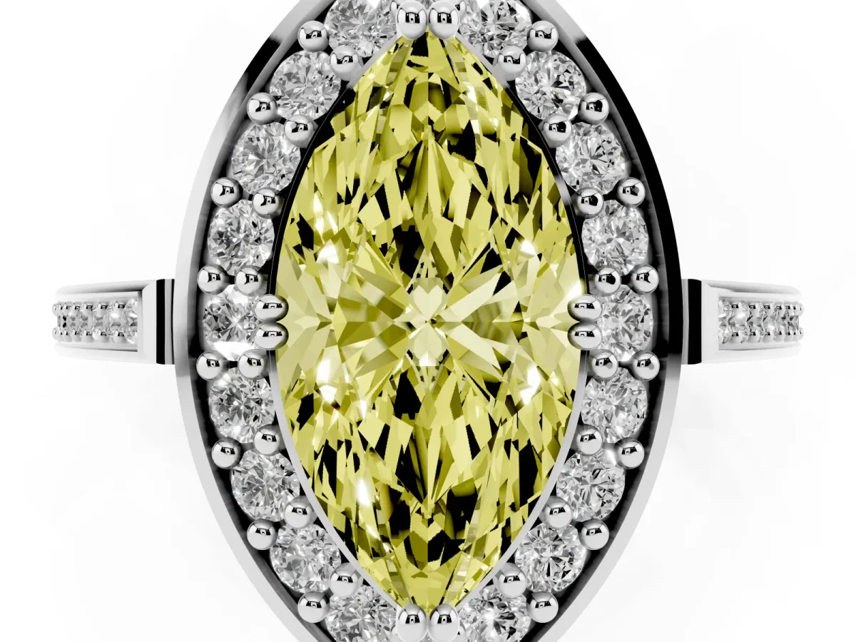 Fancy Yellow Marquise Cut Diamond Halo Ring with Split Shank and Four-Prong Setting Silver