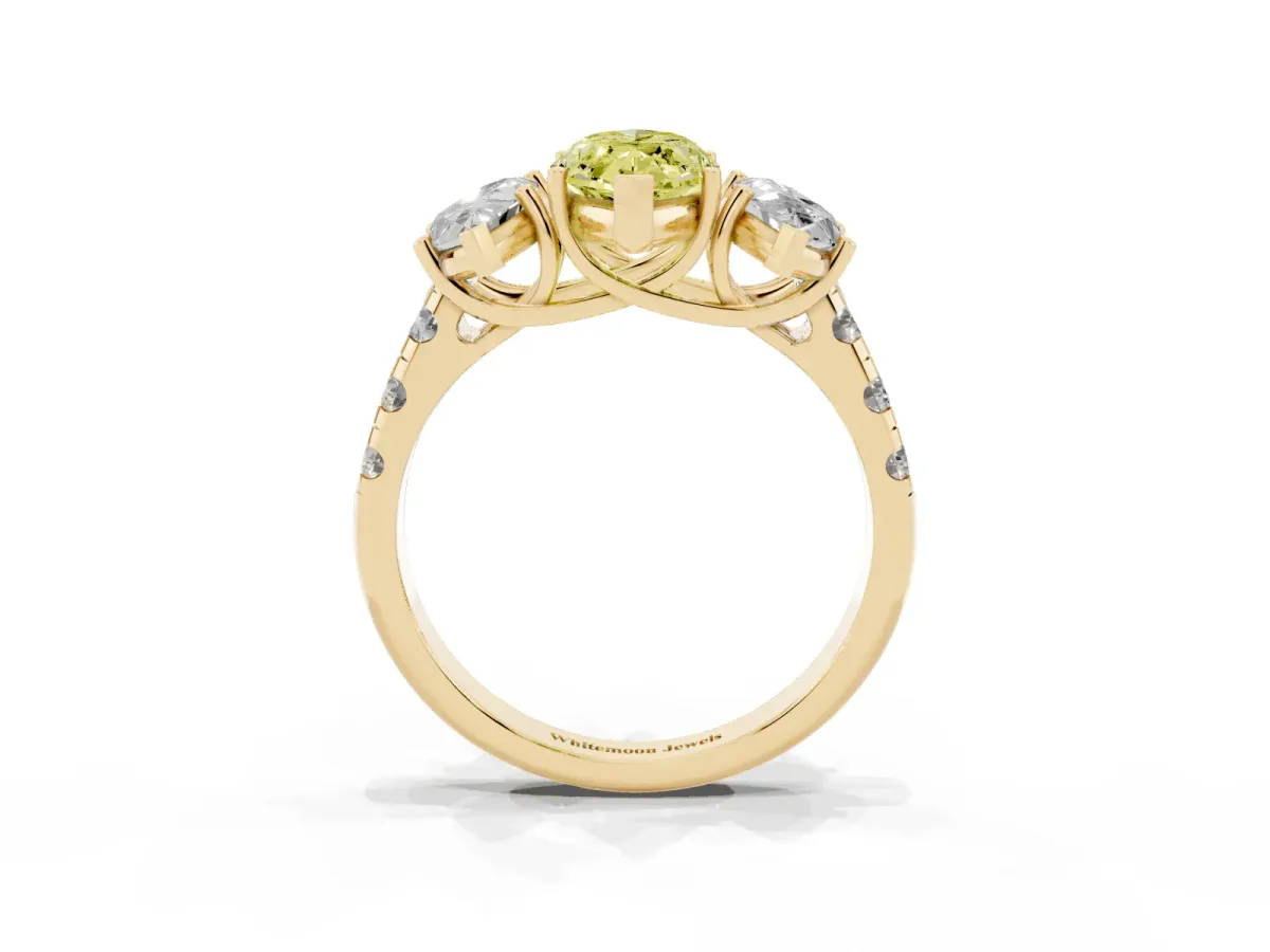 Fancy Yellow Three-Stone Marquise Cut Diamond Pavé Band with Prong Setting Yellow gold