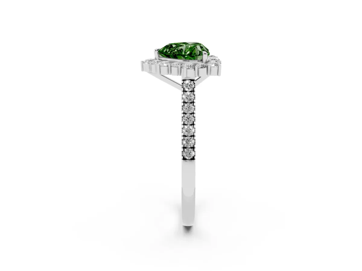 Fancy Green Heart Cut Halo Diamond Ring with Pavé Band and Prong Setting Silver