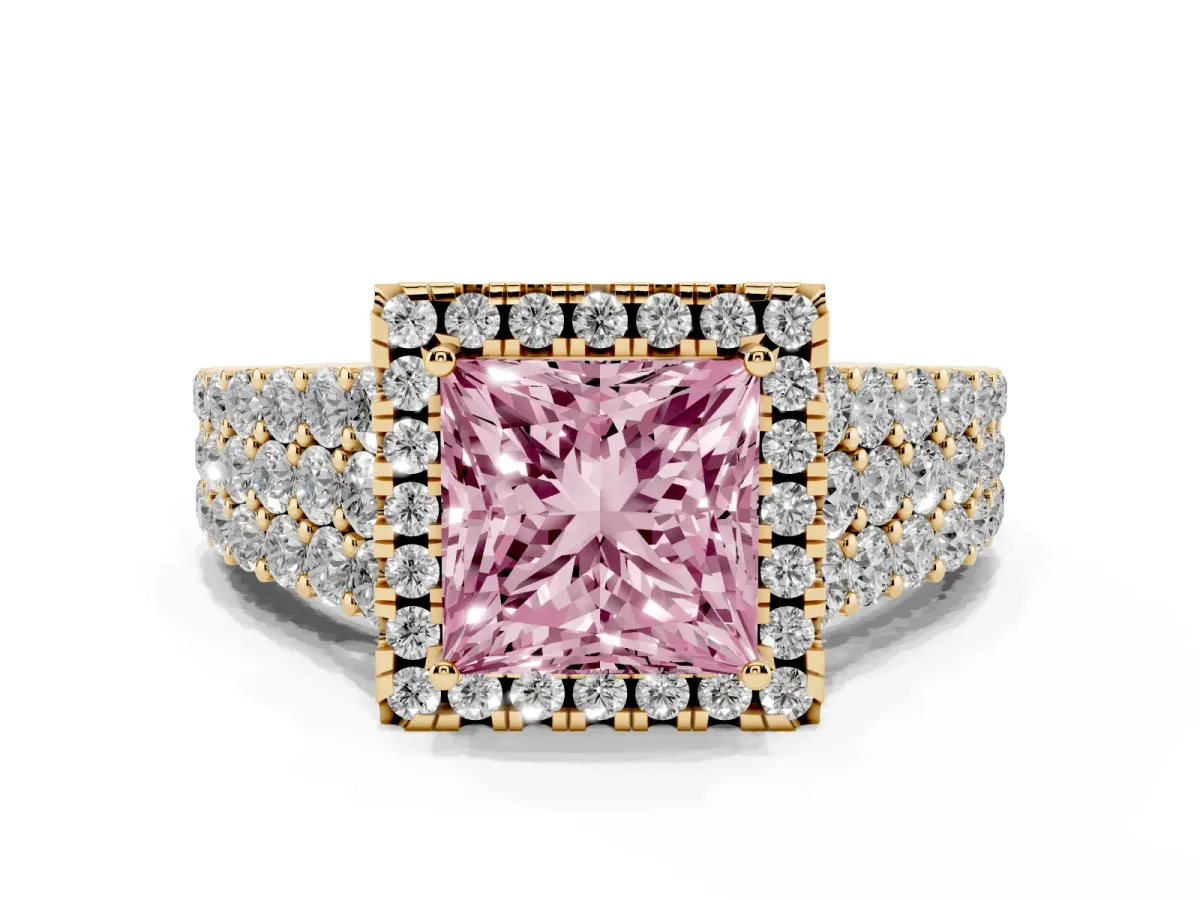 Fancy Pink Princess Cut Diamond Halo Engagement Ring with Triple Row Round Pavé Band and Prong Setting Yellow gold