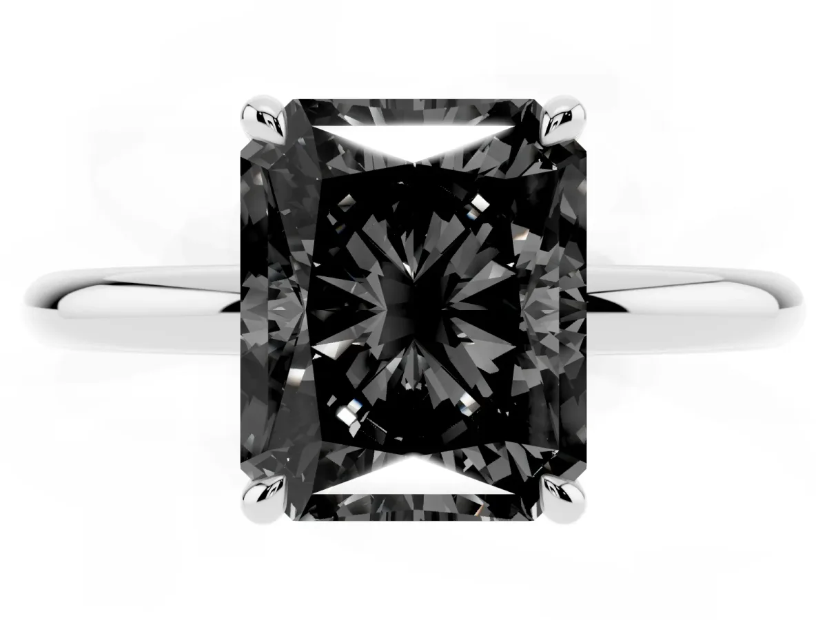 Fancy Black Radiant Cut Diamond Solitaire Ring with Thin Band and Four-Prong Setting Silver