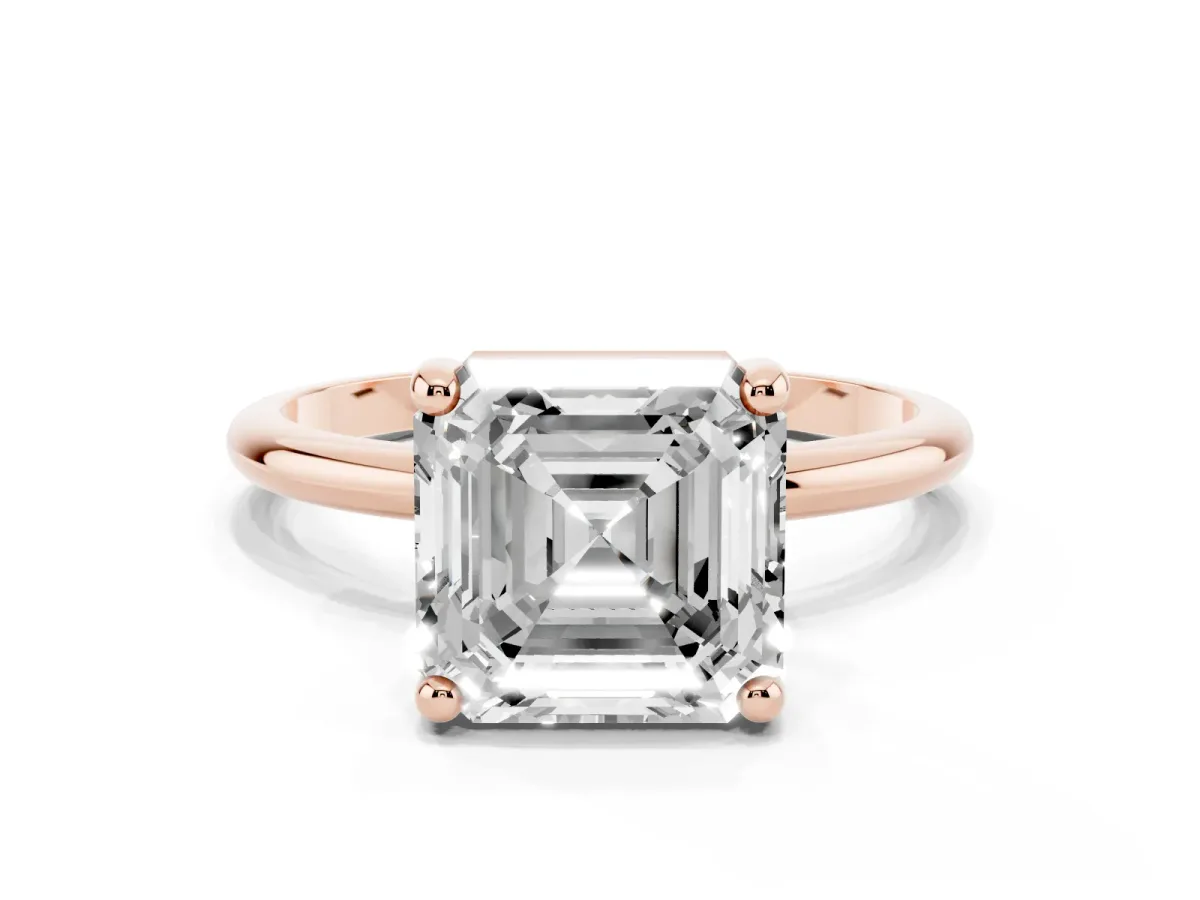 Asscher Cut Solitaire Diamond Ring with 4-Prong Setting on a Classic Band Rose gold
