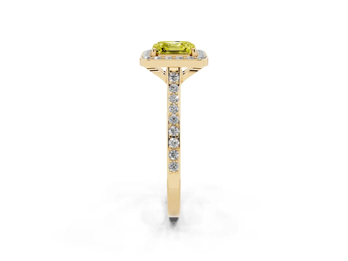 Fancy Yellow Asscher Cut Diamond Halo Engagement Ring with Round Pavé Shoulders and Prong Setting Yellow gold