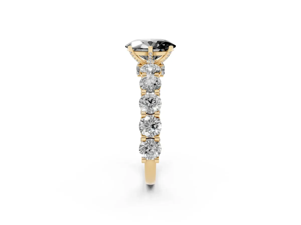 Fancy Black Oval Cut Diamond Side Stone Engagement Ring with Four-Prong Setting Yellow gold