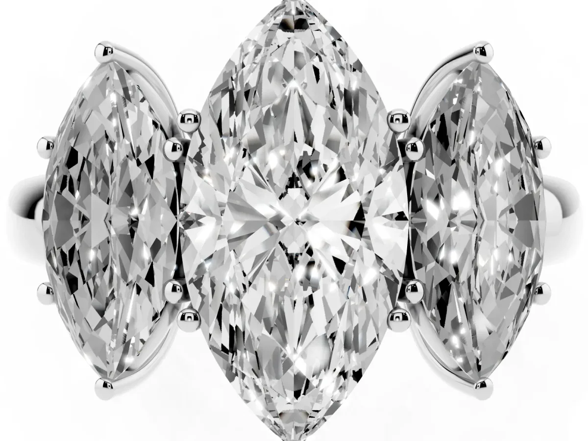 Marquise Cut Diamond Three-Stone Ring with Four-Prong Setting and Classic Band Silver