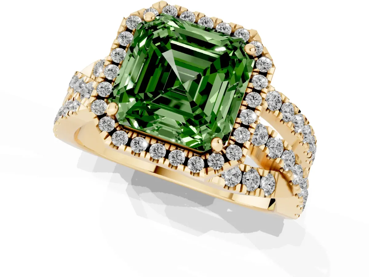 Fancy Green Asscher Cut Diamond Halo Ring with Round Split Shank and Prong Setting Yellow gold