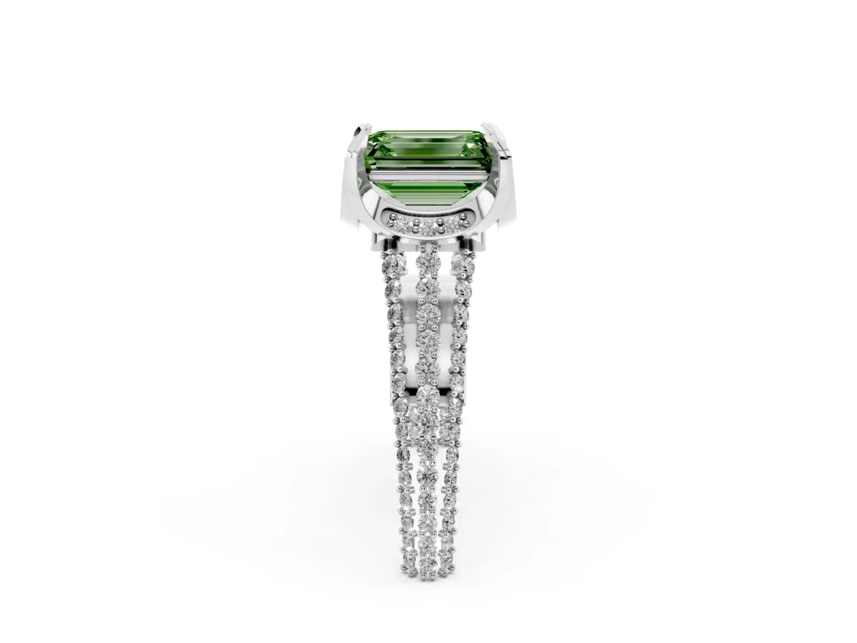Fancy Green Emerald Cut Solitaire Pave Split Shank Ring with Four-Prong Setting Platinum
