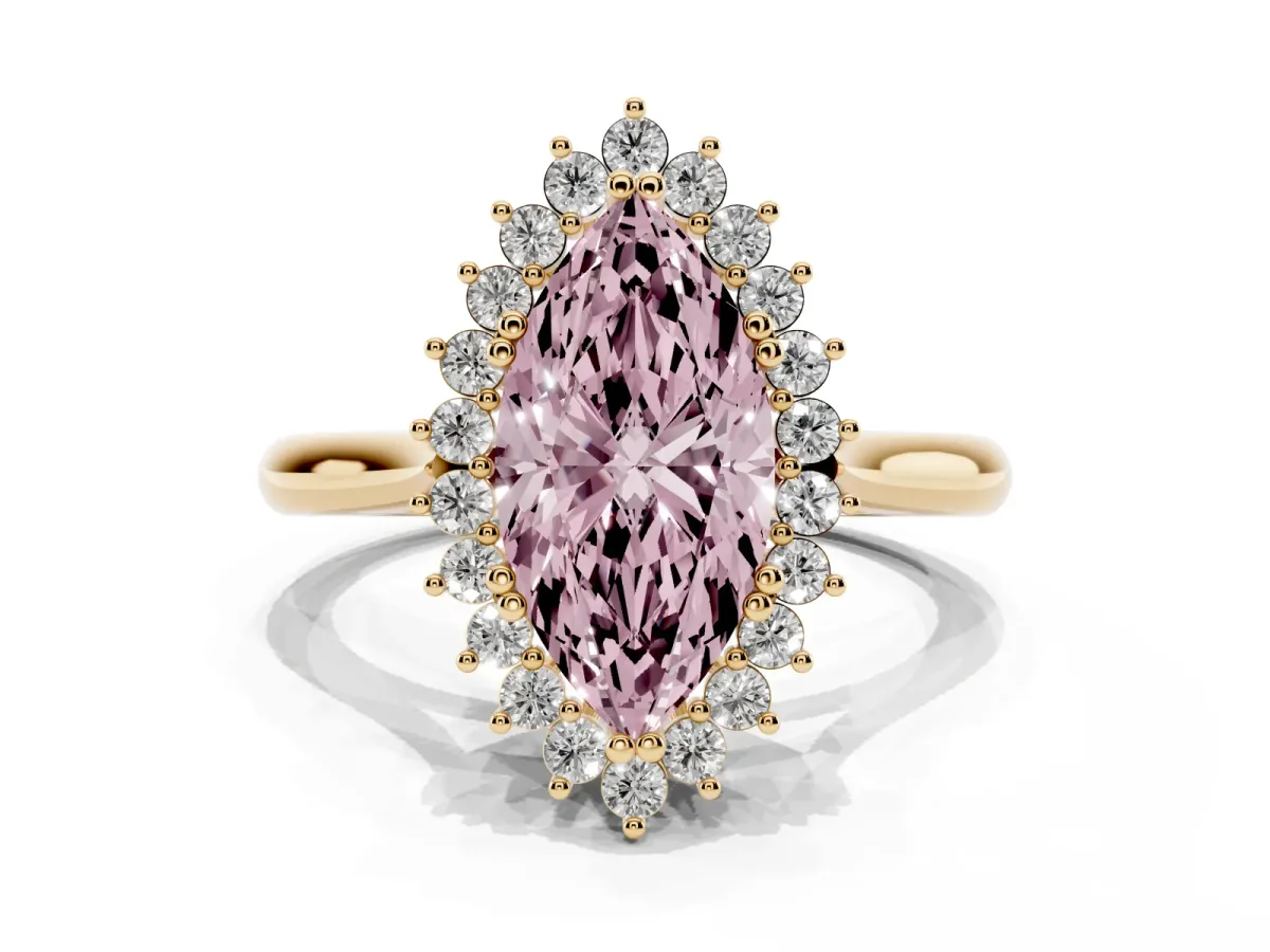 Fancy Pink Marquise Cut Cut Diamond Halo Ring with Solitaire Band and Prong Setting Yellow gold