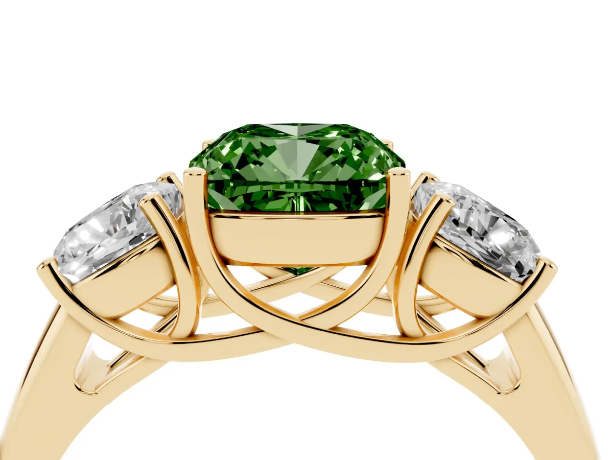 Fancy Green Three-Stone Cushion Cut Diamond Engagement Ring with Prong Setting Yellow gold