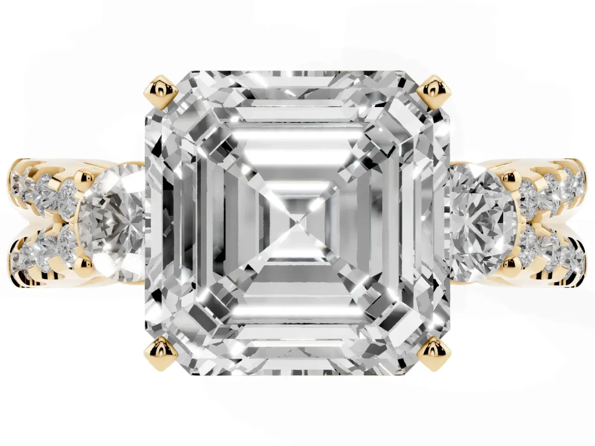 Asscher Cut Diamond Three-Stone Ring with Pavé Split Shank and Four-Prong Setting Yellow gold