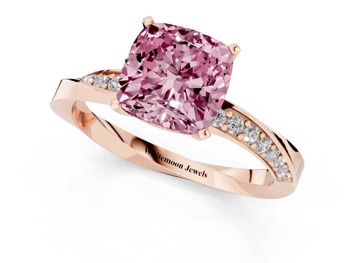 Fancy Pink Cushion Cut Diamond Engagement Ring with Side Stone Accents and Four-Prong Setting Rose gold
