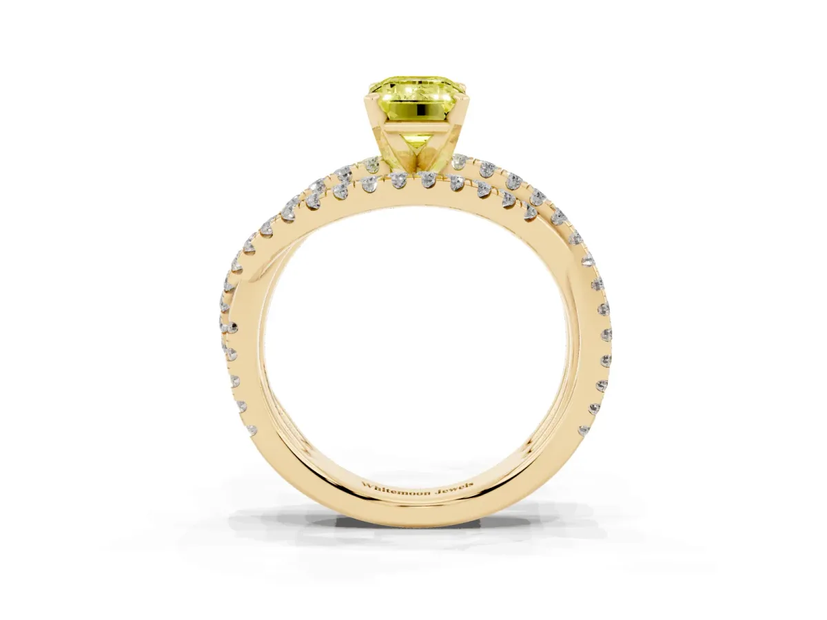 Fancy Yellow Emerald Cut Solitaire Twist Band with Pavé Setting and Four-Prong Setting Yellow gold