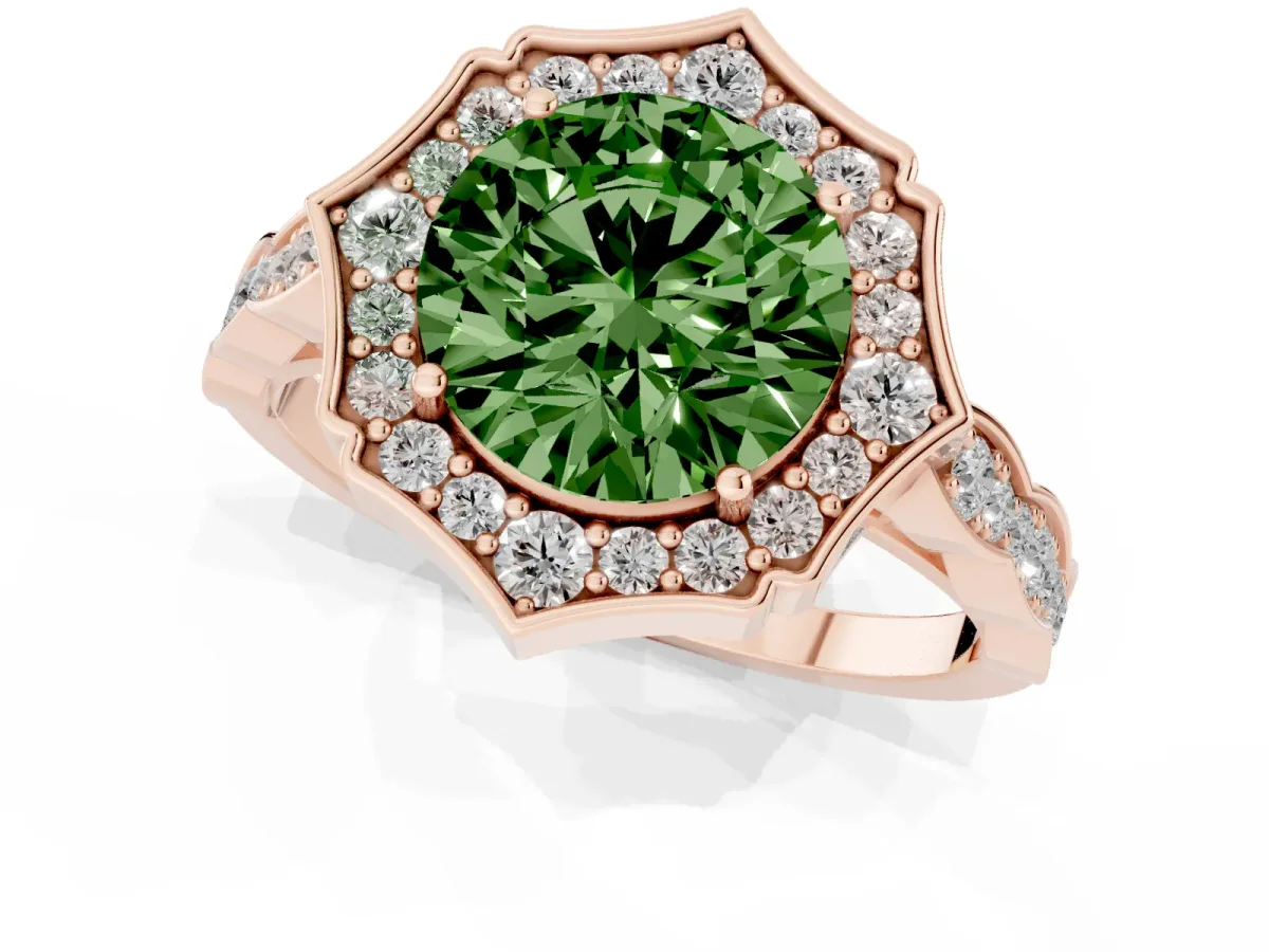 Fancy Green Round Cut Halo Diamond Engagement Ring with Milgrain Band and Four-Prong Setting Rose gold