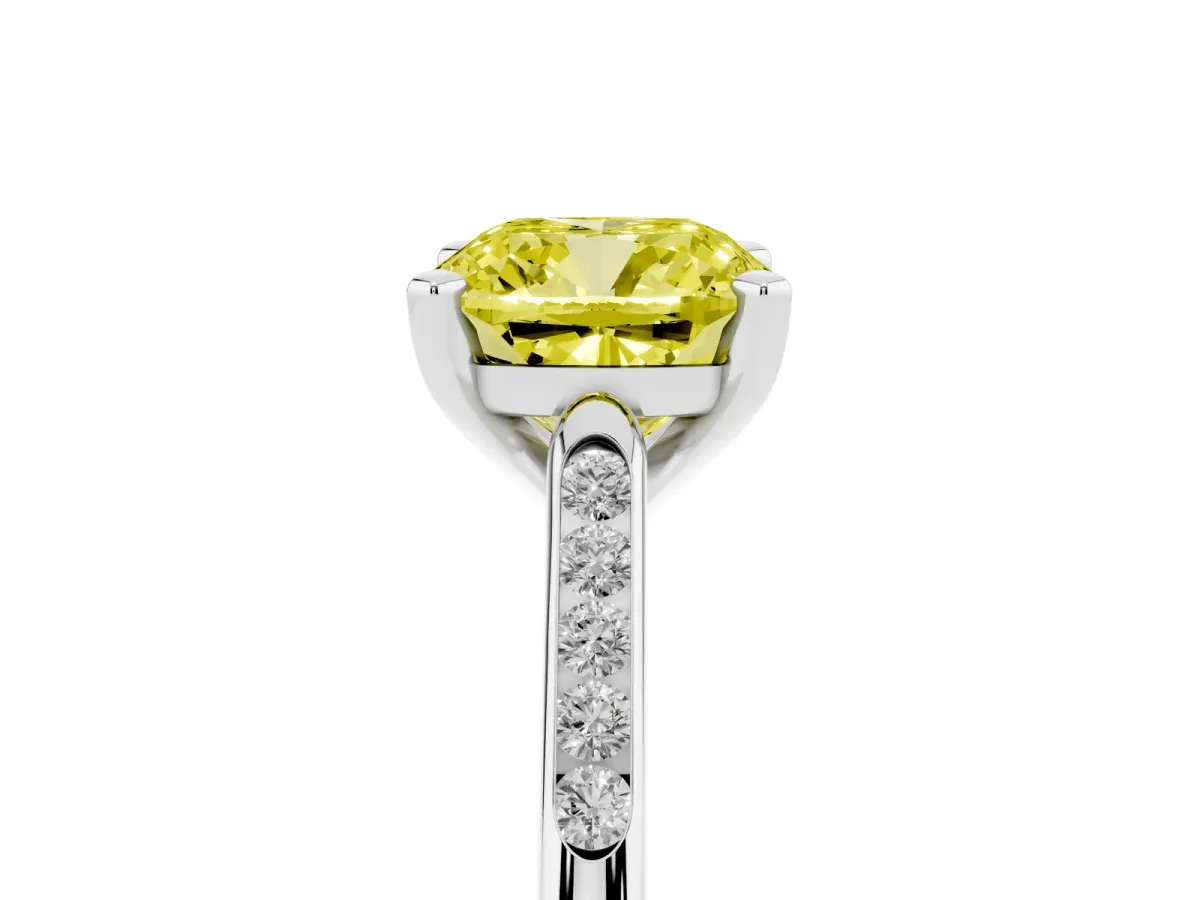 Fancy Yellow Cushion Cut Diamond Solitaire Ring with Channel Set Round Band and Prong Setting Silver