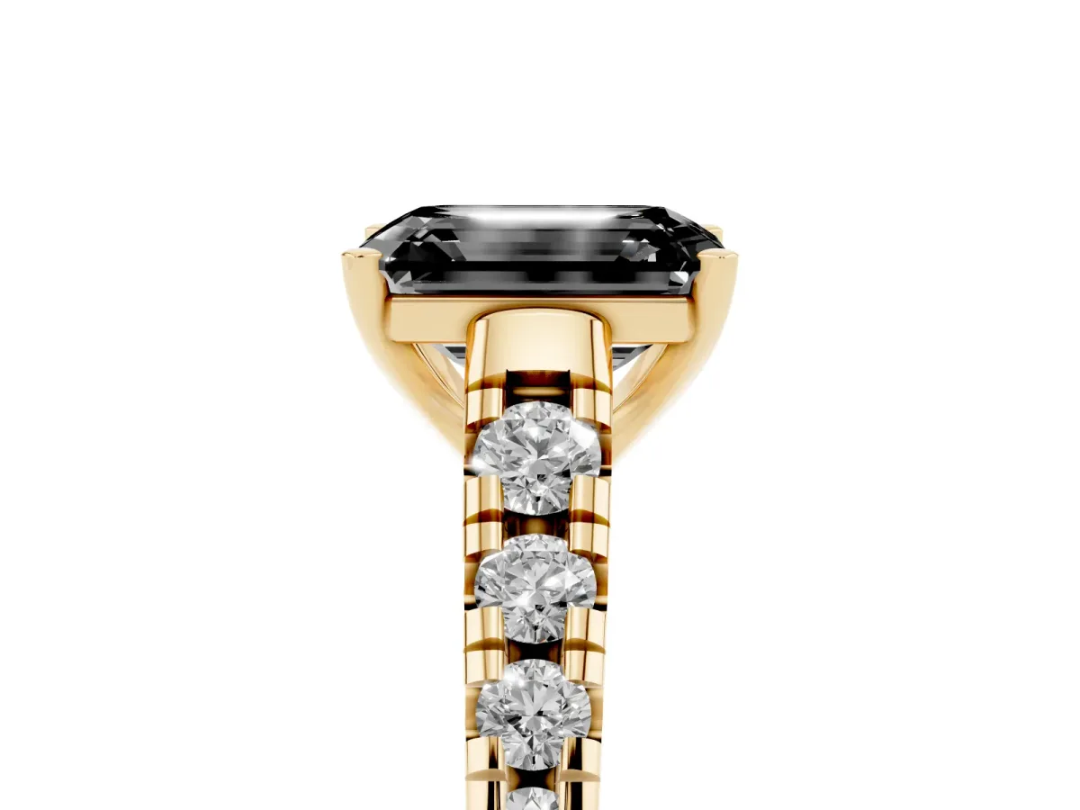 Fancy Black Emerald Cut Diamond Cathedral Solitaire Ring with Round Pavé Band Yellow gold