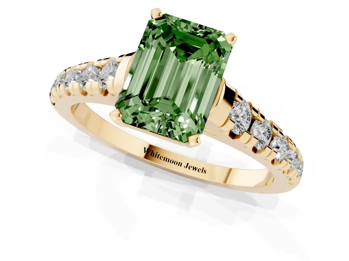 Fancy Green Emerald Cut Diamond Cathedral Solitaire Ring with Round Pavé Band Yellow gold