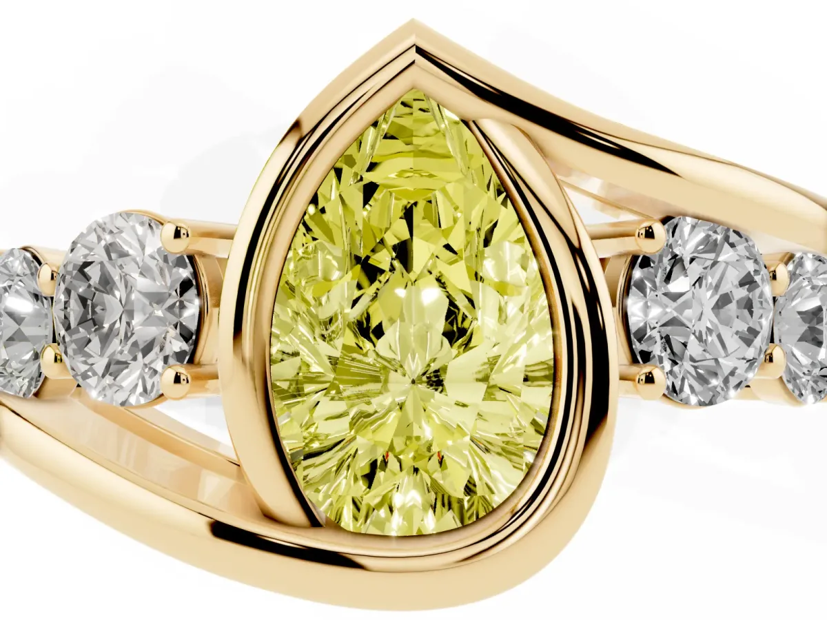Fancy Yellow Bezel Set Pear Cut Diamond Bypass Ring with Round Accents Yellow gold