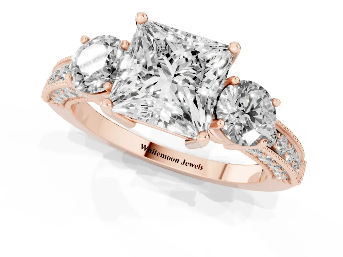 Princess Cut Three-Stone Diamond Ring with Pavé Band and Four-Prong Setting Rose gold