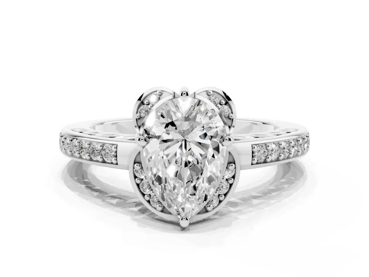 Pear Cut Cut Halo Diamond Ring with Channel Set Band and Four-Prong Setting Silver