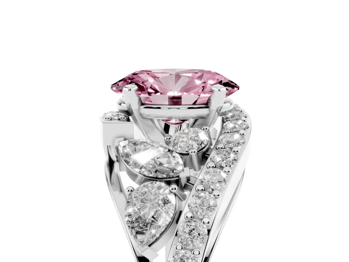 Fancy Pink Oval Cut Diamond Halo Ring with Marquise and Pavé Band in Prong Setting White gold