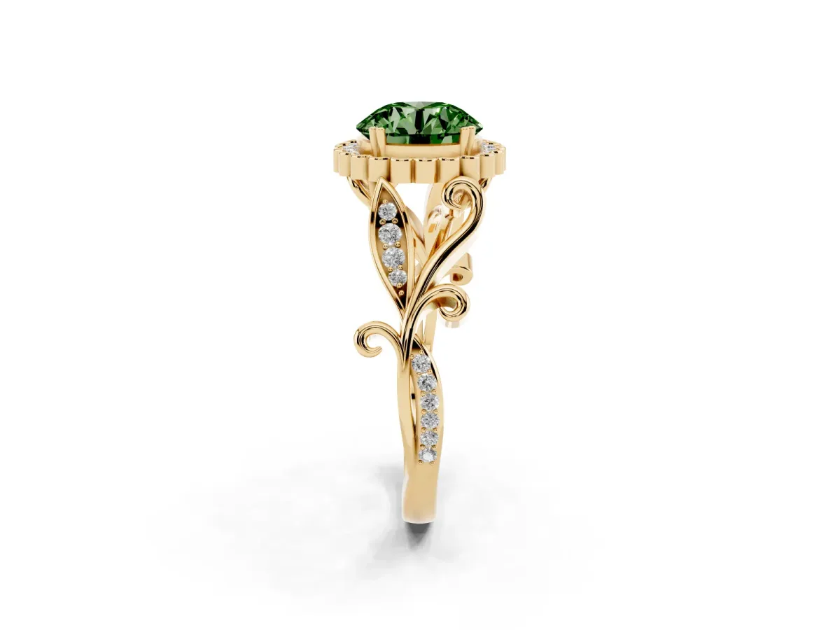 Fancy Green Round Cut Diamond Halo Ring with Vintage Split Shank and Four-Prong Setting Yellow gold