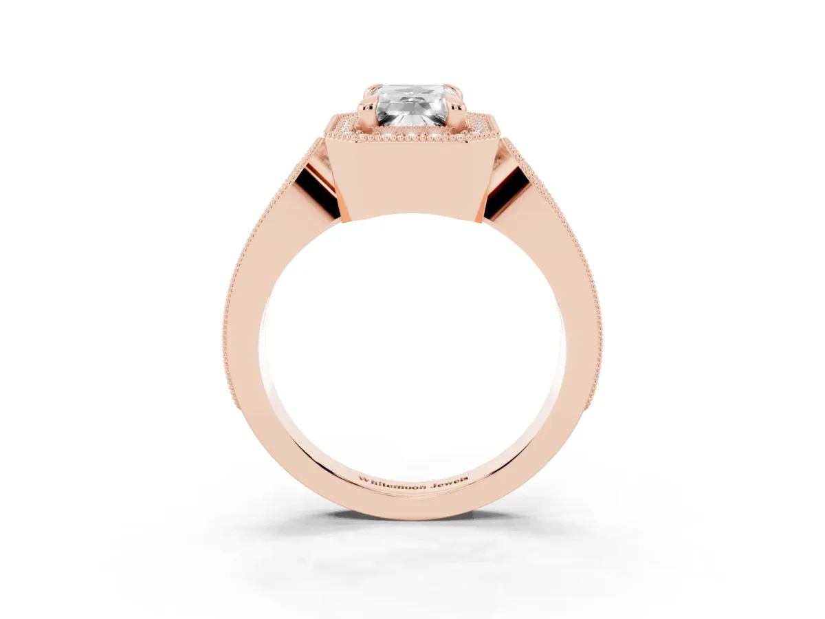 Emerald Cut Halo Split Shank Milgrain Diamond Ring Rose gold