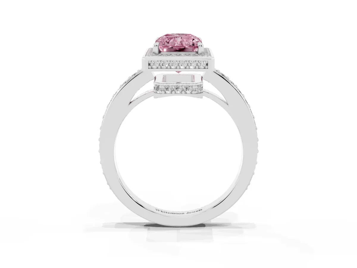 Fancy Pink Radiant Cut Halo Pave Band Solitaire Ring with Prong Setting Silver