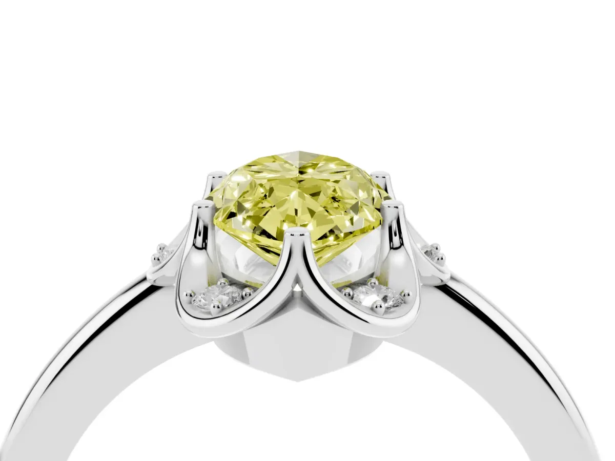 Fancy Yellow Marquise Cut Halo Diamond Ring with Round Cluster Setting, Solitaire Band, and Four-Prong Setting White gold