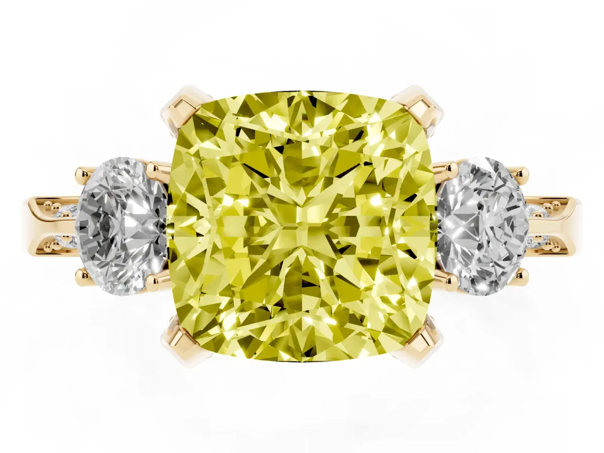 Fancy Yellow Cushion Cut Brilliant Three-Stone Diamond Ring with Pavé Band and Four-Prong Setting Yellow gold