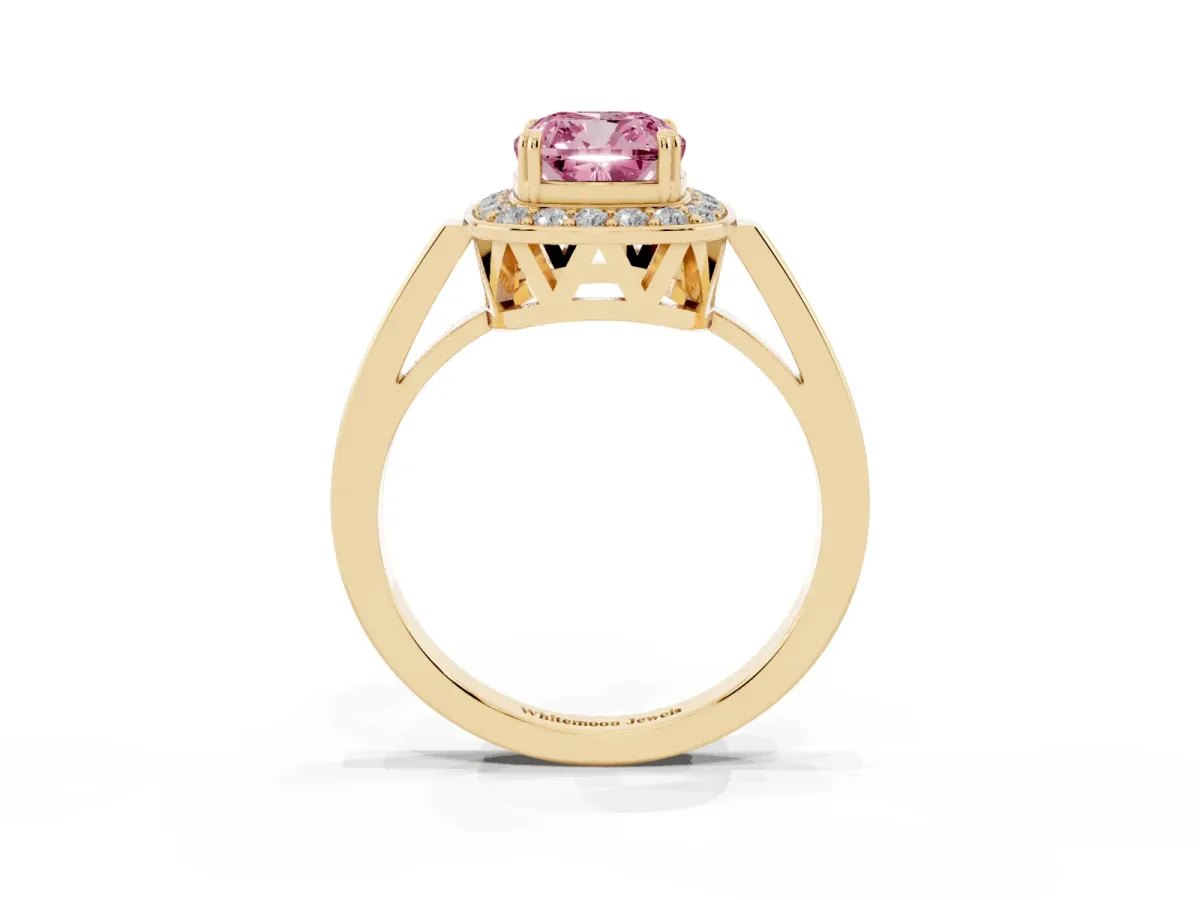 Fancy Pink Cushion Cut Diamond Halo Ring with Split Shank and Four-Prong Setting Yellow gold