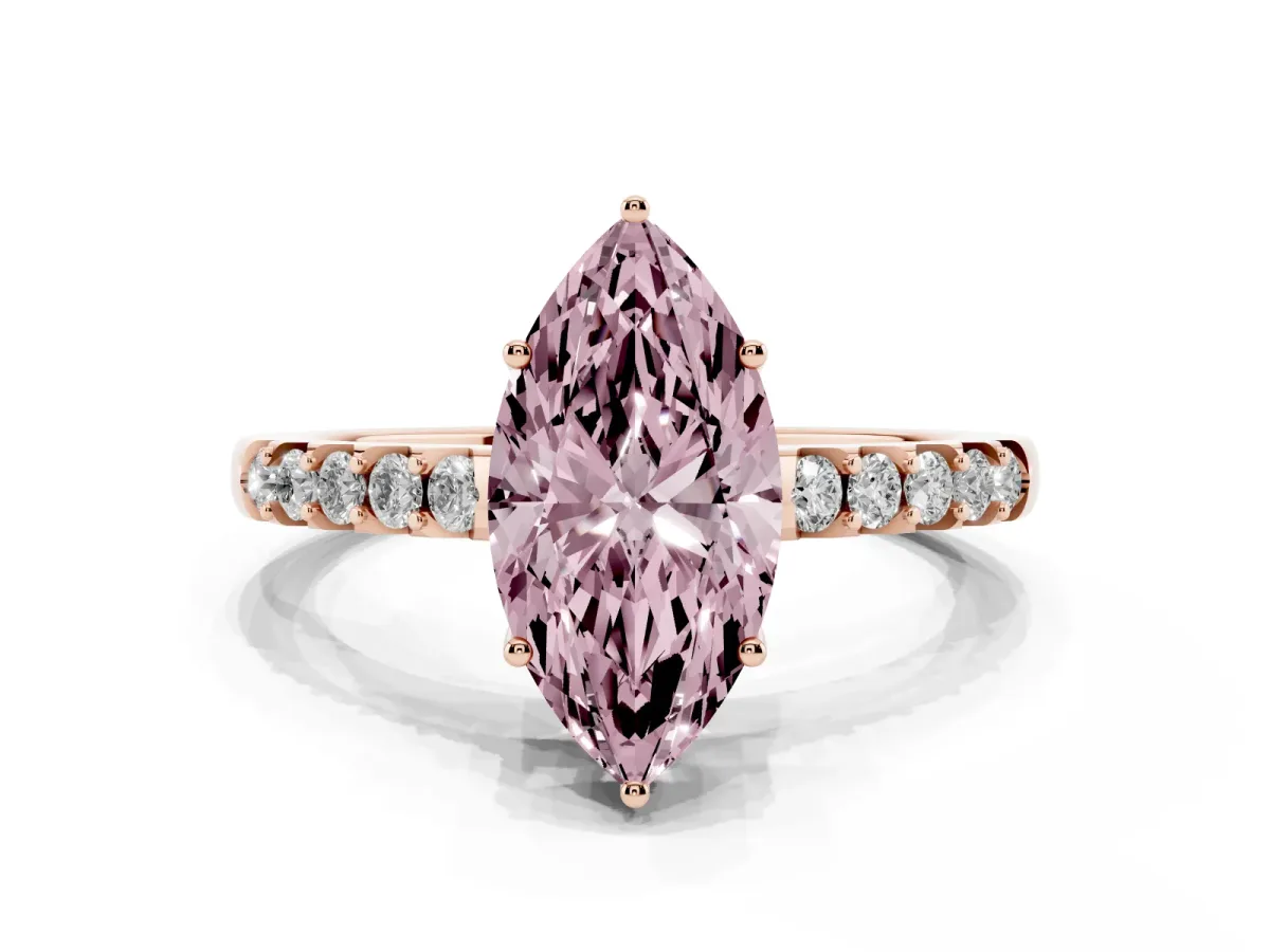 Fancy Pink Marquise Cut Solitaire Diamond Engagement Ring with Pavé Band and Six-Prong Setting Rose gold