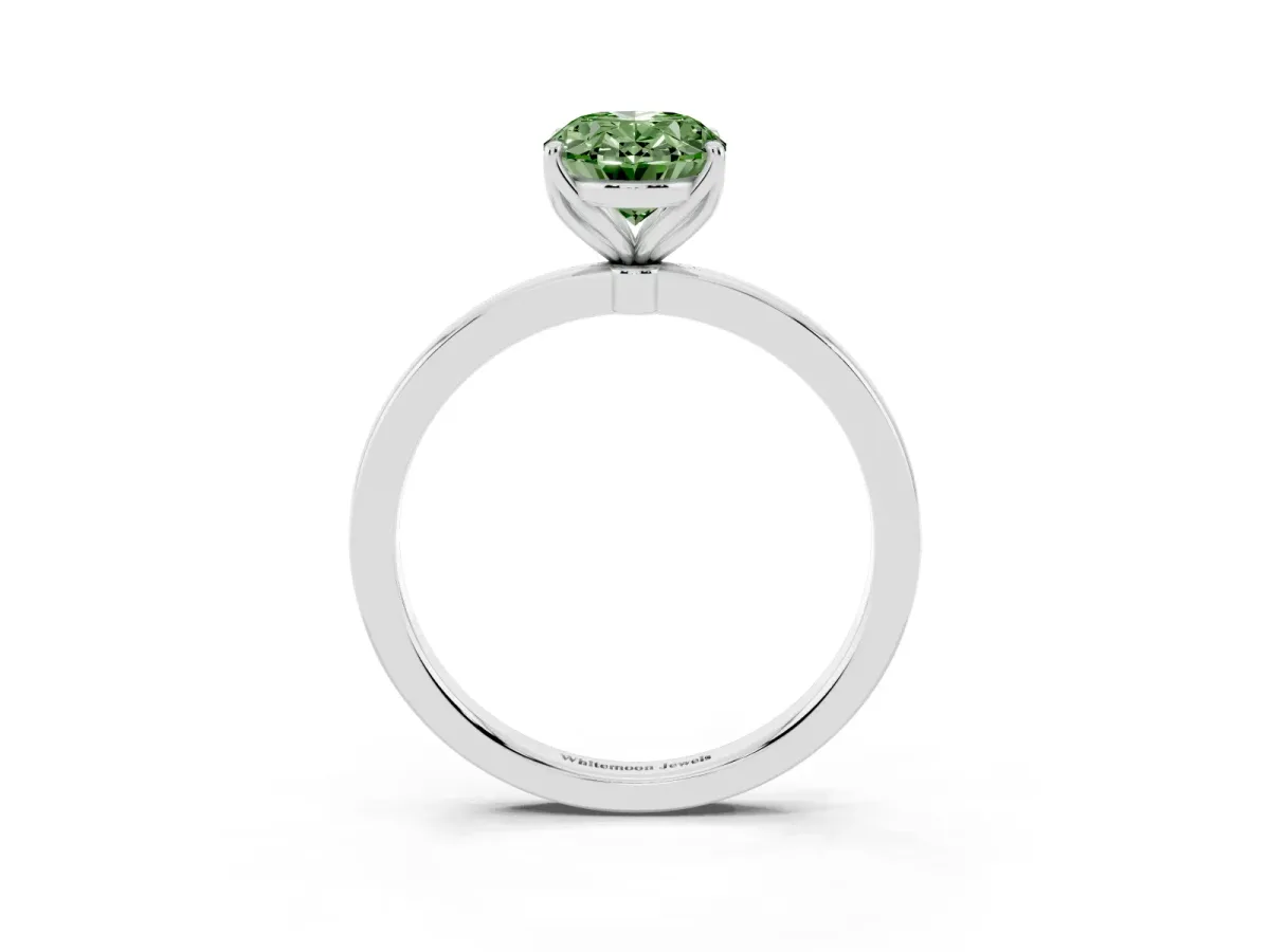 Fancy Green Oval Cut Diamond Solitaire Ring with Thin Band and Prong Setting White gold