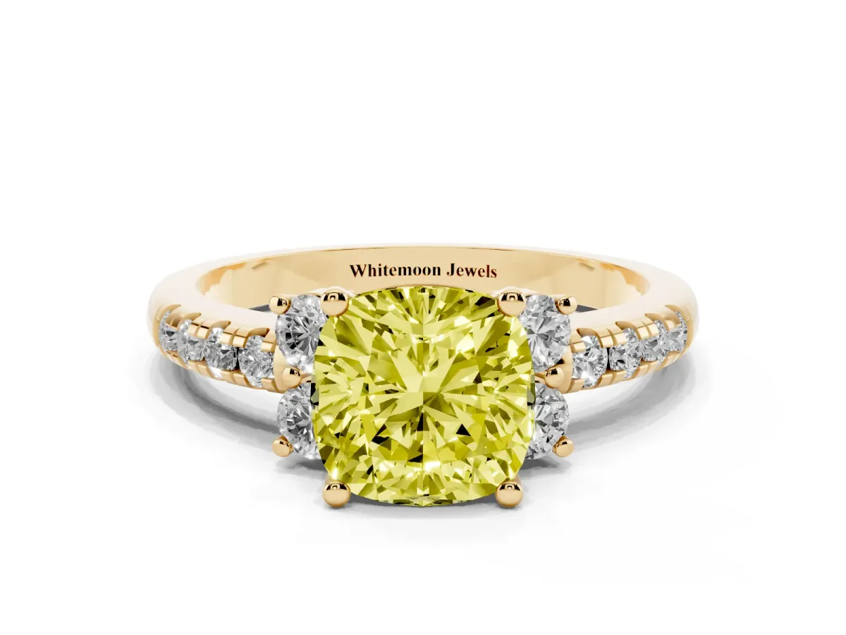 Fancy Yellow Cushion Cut Diamond Three-Stone Pave Band with Four-Prong Setting Yellow gold